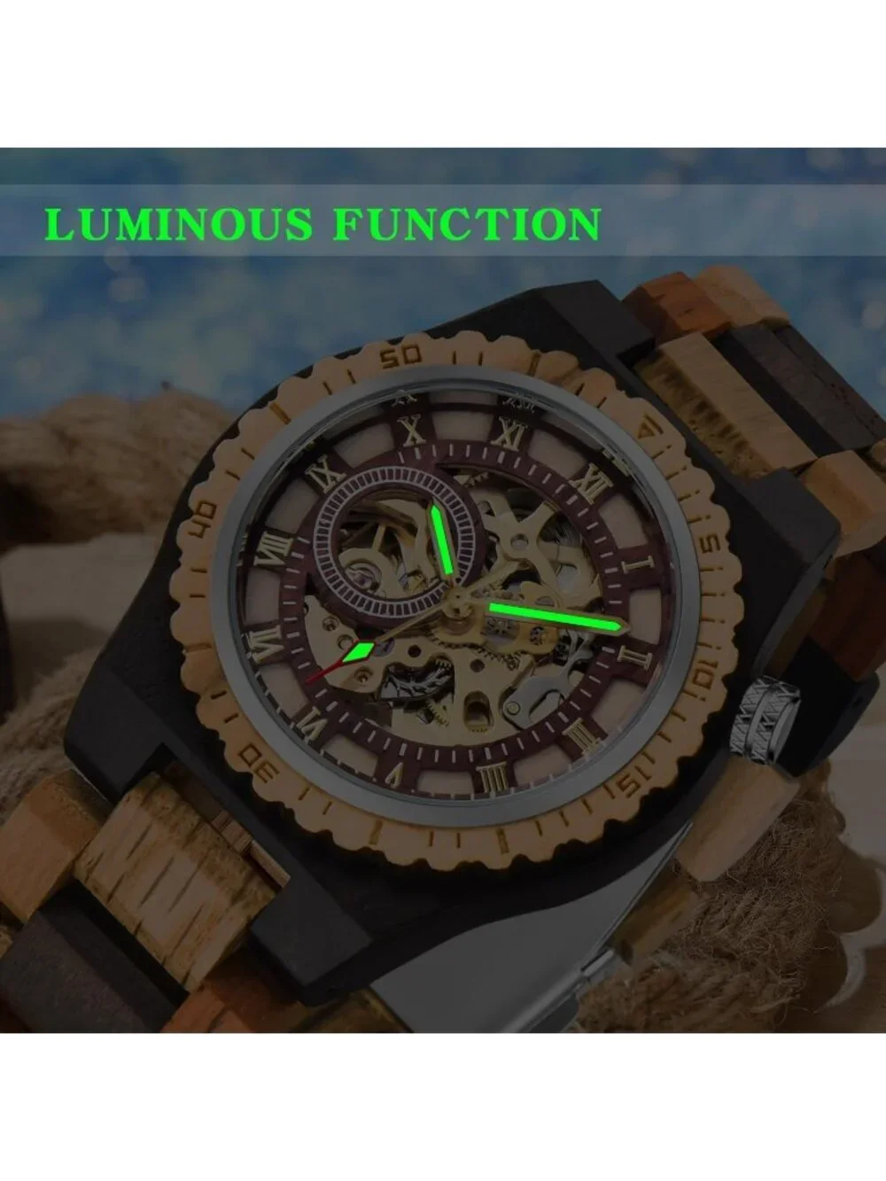 Men's Coffee Brown Analog No Battery Fashion Mechanical Movement Wooden Watch
